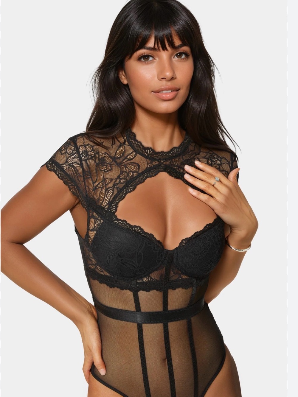 bebe Black Lace Mesh Underwire Bodysuit Keyhole Cutout S